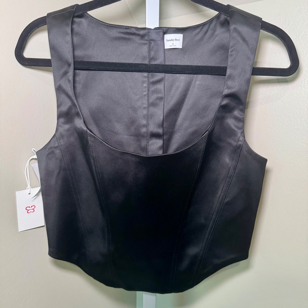 Sunday Best Shiloh Black Satin Corset Top Square Neck Cropped Tank M NEW